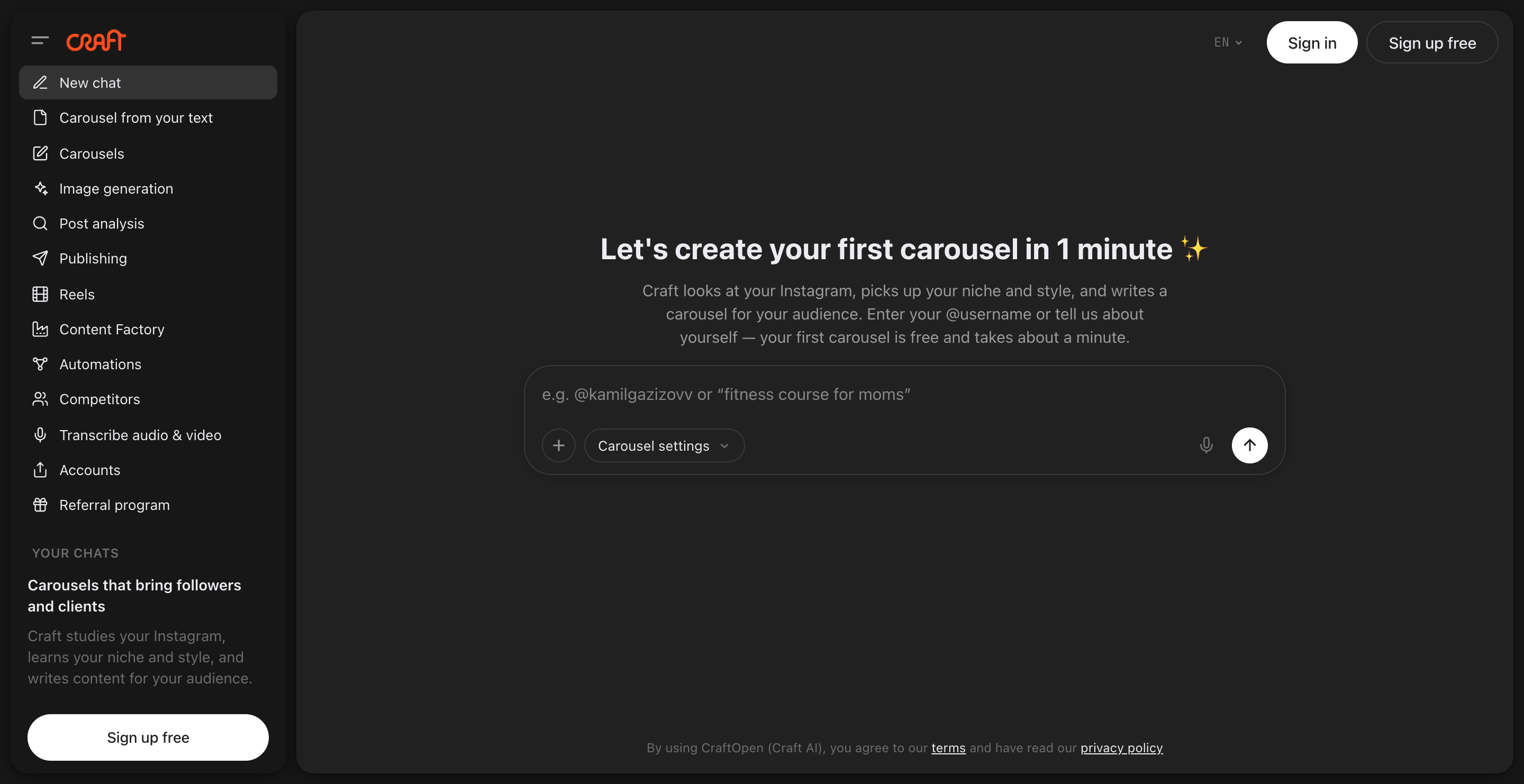 Interfaz de Craft: un chat nuevo donde describes tu carrusel