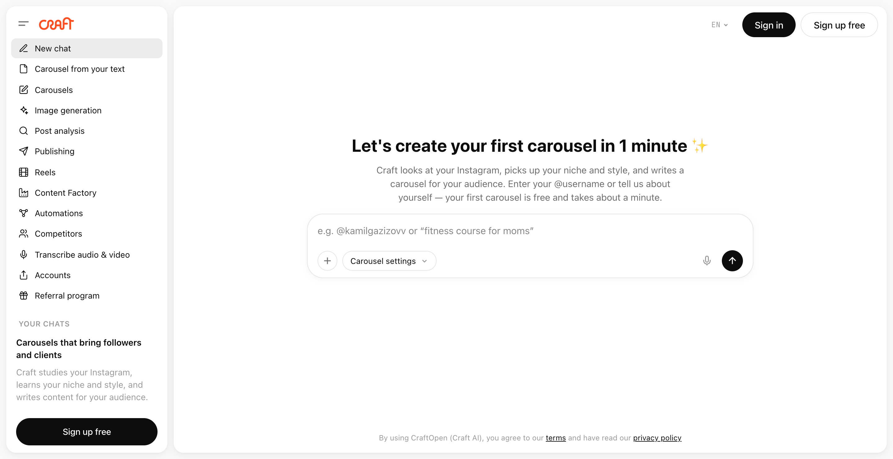 Interfaz de Craft: un chat nuevo donde describes tu carrusel